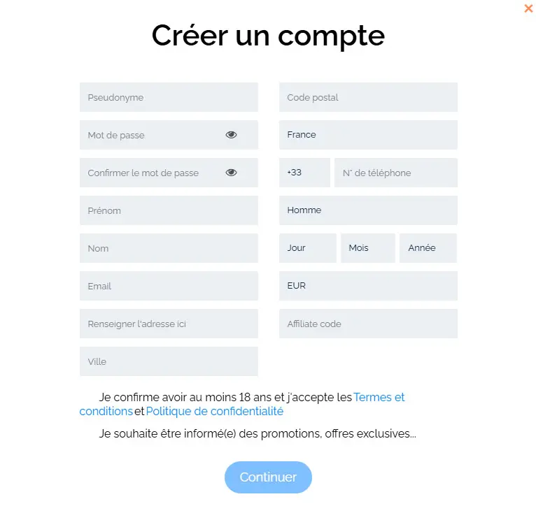 Processus d'inscription ASTRAL CASINO
